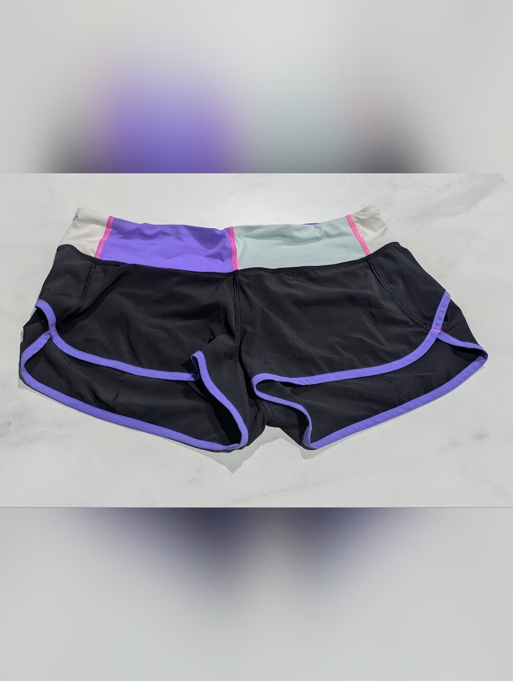 Lululemon Black Athletic Shorts with Lavender Trim and Mint Waistband
